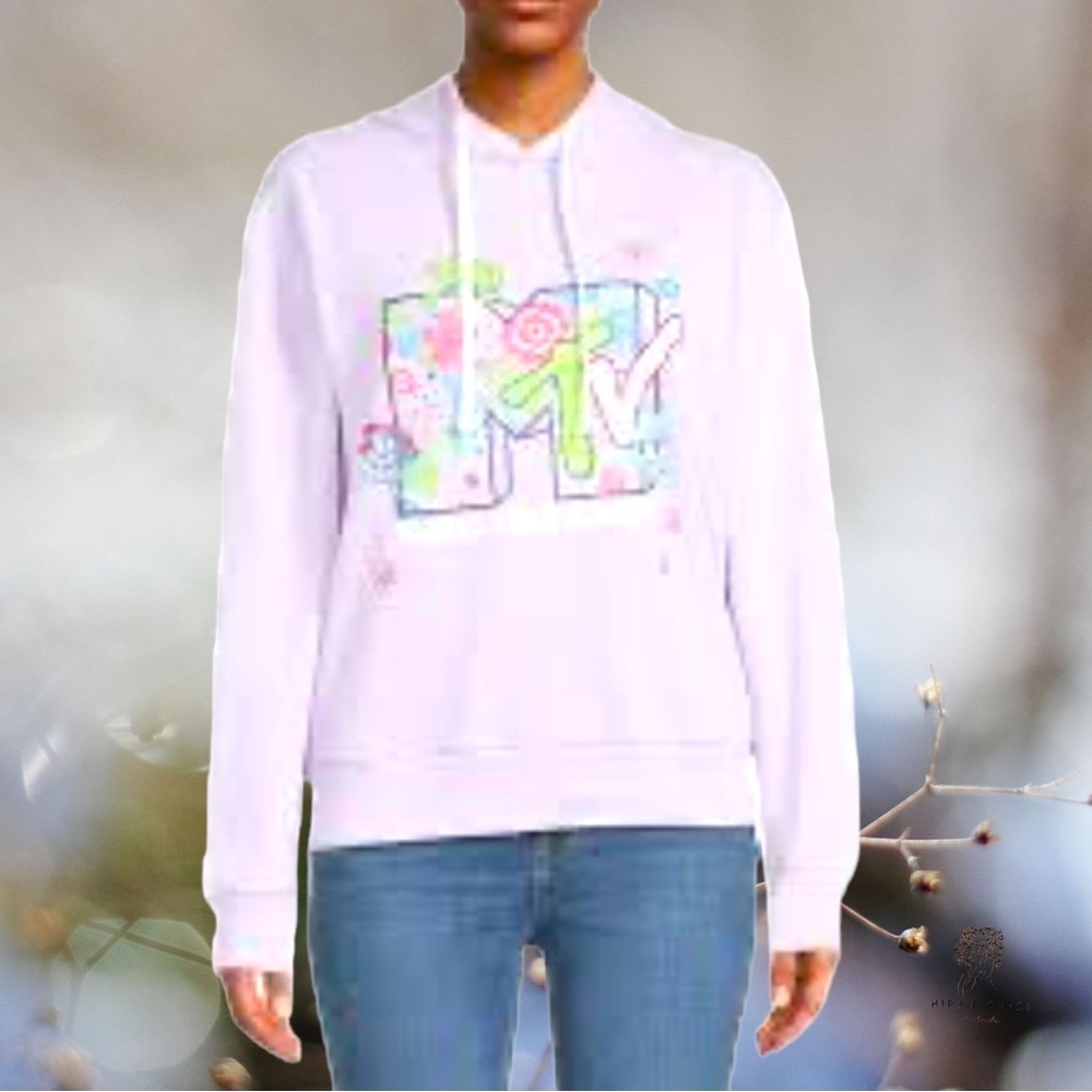 MTV Music Television Floral Unisex Pull Over Hoodie Jacket Light Purple, XXL